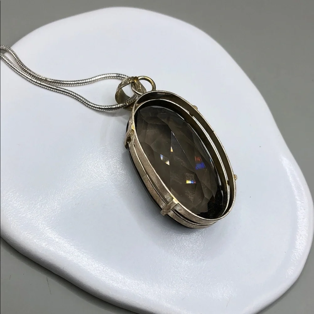 Big glass crystal faux smoky quartz pendant chain necklace faux fine jewelry.